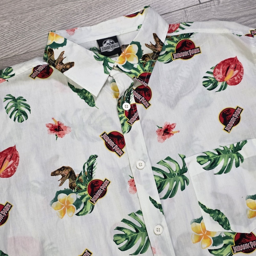 Jurassic Park World Button Shirt Hawaiian White Dinosaur Universal Promo Men's L